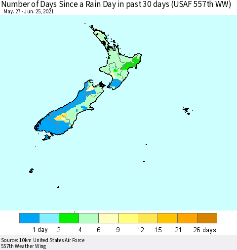 New Zealand Number of Days Since a Rain Day in past 30 days (USAF 557th WW) Thematic Map For 6/21/2021 - 6/25/2021