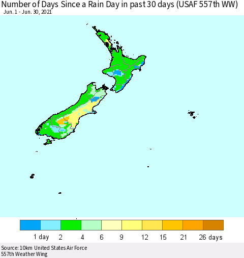 New Zealand Number of Days Since a Rain Day in past 30 days (USAF 557th WW) Thematic Map For 6/26/2021 - 6/30/2021