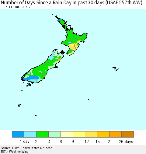 New Zealand Number of Days Since a Rain Day in past 30 days (USAF 557th WW) Thematic Map For 7/6/2021 - 7/10/2021