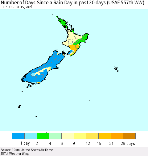 New Zealand Number of Days Since a Rain Day in past 30 days (USAF 557th WW) Thematic Map For 7/11/2021 - 7/15/2021