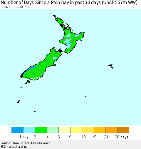 New Zealand Number of Days Since a Rain Day in past 30 days (USAF 557th WW) Thematic Map For 7/16/2021 - 7/20/2021