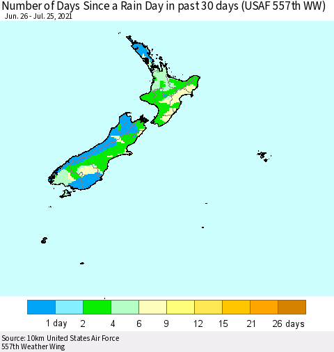 New Zealand Number of Days Since a Rain Day in past 30 days (USAF 557th WW) Thematic Map For 7/21/2021 - 7/25/2021