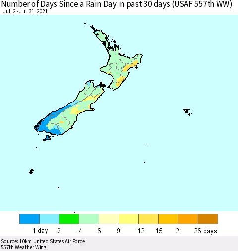 New Zealand Number of Days Since a Rain Day in past 30 days (USAF 557th WW) Thematic Map For 7/26/2021 - 7/31/2021