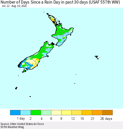 New Zealand Number of Days Since a Rain Day in past 30 days (USAF 557th WW) Thematic Map For 8/6/2021 - 8/10/2021