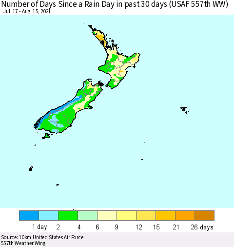 New Zealand Number of Days Since a Rain Day in past 30 days (USAF 557th WW) Thematic Map For 8/11/2021 - 8/15/2021