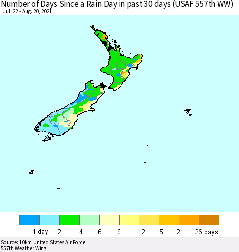 New Zealand Number of Days Since a Rain Day in past 30 days (USAF 557th WW) Thematic Map For 8/16/2021 - 8/20/2021