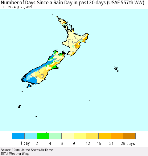 New Zealand Number of Days Since a Rain Day in past 30 days (USAF 557th WW) Thematic Map For 8/21/2021 - 8/25/2021