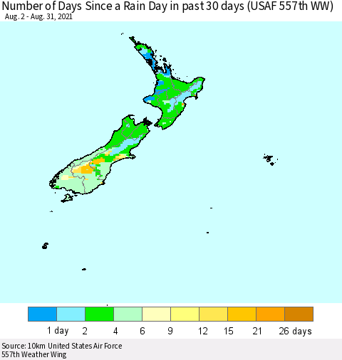 New Zealand Number of Days Since a Rain Day in past 30 days (USAF 557th WW) Thematic Map For 8/26/2021 - 8/31/2021