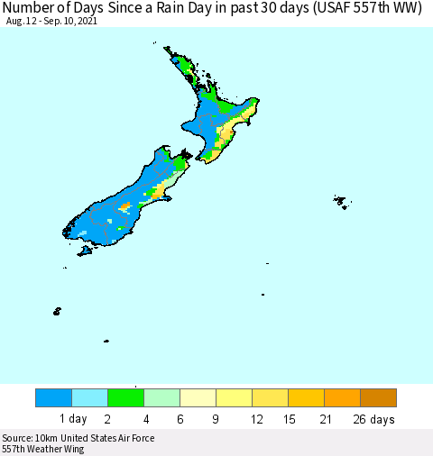 New Zealand Number of Days Since a Rain Day in past 30 days (USAF 557th WW) Thematic Map For 9/6/2021 - 9/10/2021