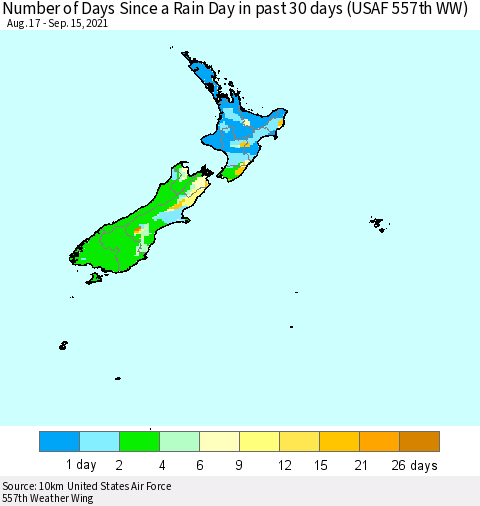 New Zealand Number of Days Since a Rain Day in past 30 days (USAF 557th WW) Thematic Map For 9/11/2021 - 9/15/2021