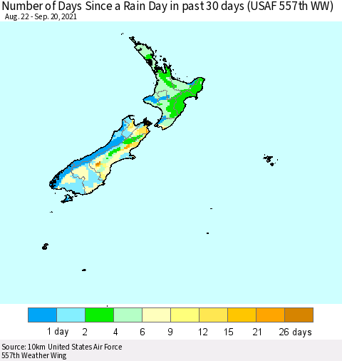 New Zealand Number of Days Since a Rain Day in past 30 days (USAF 557th WW) Thematic Map For 9/16/2021 - 9/20/2021