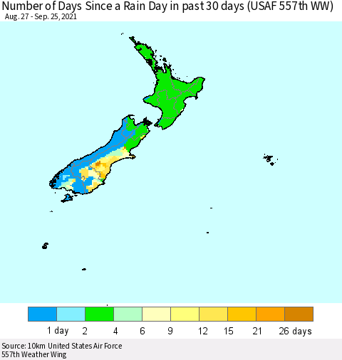 New Zealand Number of Days Since a Rain Day in past 30 days (USAF 557th WW) Thematic Map For 9/21/2021 - 9/25/2021