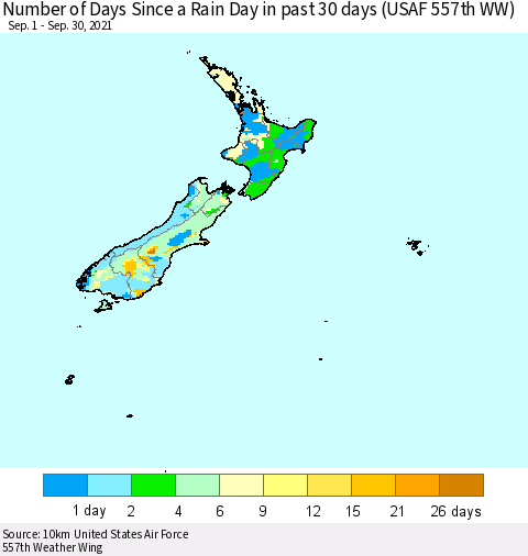 New Zealand Number of Days Since a Rain Day in past 30 days (USAF 557th WW) Thematic Map For 9/26/2021 - 9/30/2021