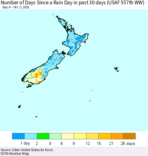 New Zealand Number of Days Since a Rain Day in past 30 days (USAF 557th WW) Thematic Map For 10/1/2021 - 10/5/2021