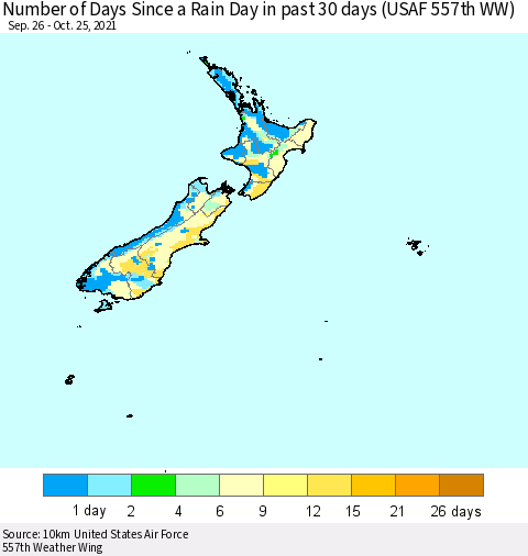 New Zealand Number of Days Since a Rain Day in past 30 days (USAF 557th WW) Thematic Map For 10/21/2021 - 10/25/2021