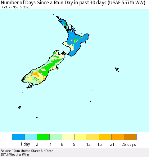 New Zealand Number of Days Since a Rain Day in past 30 days (USAF 557th WW) Thematic Map For 11/1/2021 - 11/5/2021