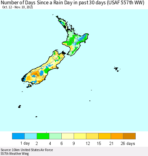 New Zealand Number of Days Since a Rain Day in past 30 days (USAF 557th WW) Thematic Map For 11/6/2021 - 11/10/2021