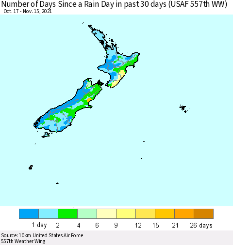 New Zealand Number of Days Since a Rain Day in past 30 days (USAF 557th WW) Thematic Map For 11/11/2021 - 11/15/2021