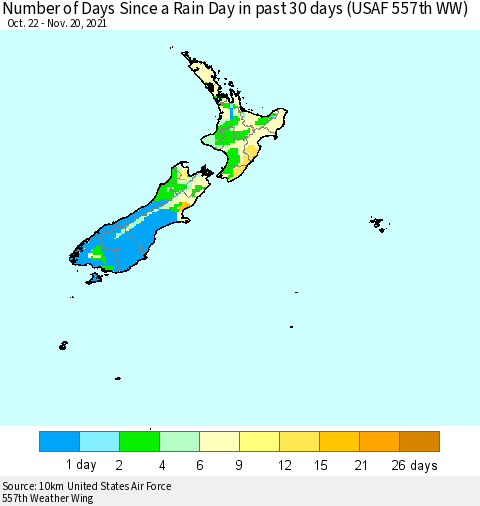New Zealand Number of Days Since a Rain Day in past 30 days (USAF 557th WW) Thematic Map For 11/16/2021 - 11/20/2021