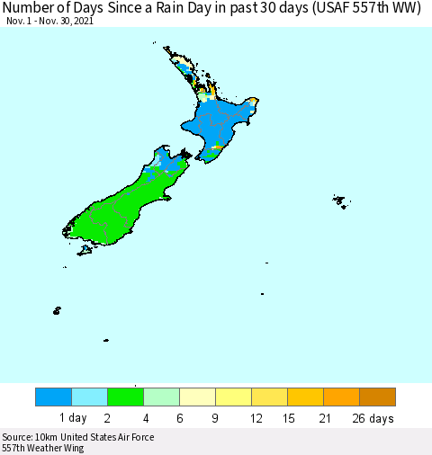 New Zealand Number of Days Since a Rain Day in past 30 days (USAF 557th WW) Thematic Map For 11/26/2021 - 11/30/2021