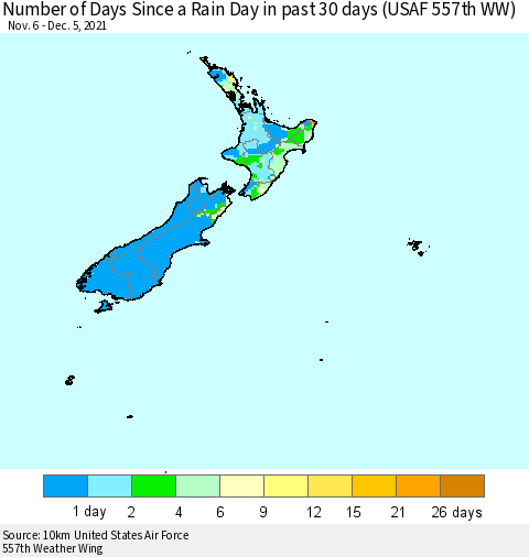 New Zealand Number of Days Since a Rain Day in past 30 days (USAF 557th WW) Thematic Map For 12/1/2021 - 12/5/2021