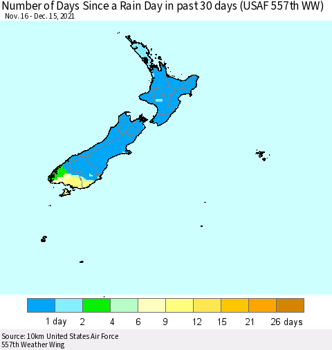 New Zealand Number of Days Since a Rain Day in past 30 days (USAF 557th WW) Thematic Map For 12/11/2021 - 12/15/2021