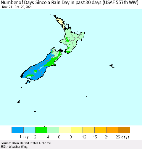 New Zealand Number of Days Since a Rain Day in past 30 days (USAF 557th WW) Thematic Map For 12/16/2021 - 12/20/2021