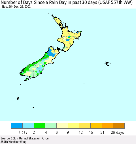 New Zealand Number of Days Since a Rain Day in past 30 days (USAF 557th WW) Thematic Map For 12/21/2021 - 12/25/2021