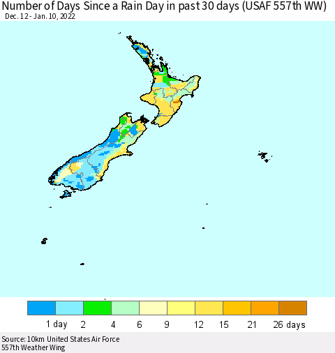New Zealand Number of Days Since a Rain Day in past 30 days (USAF 557th WW) Thematic Map For 1/6/2022 - 1/10/2022