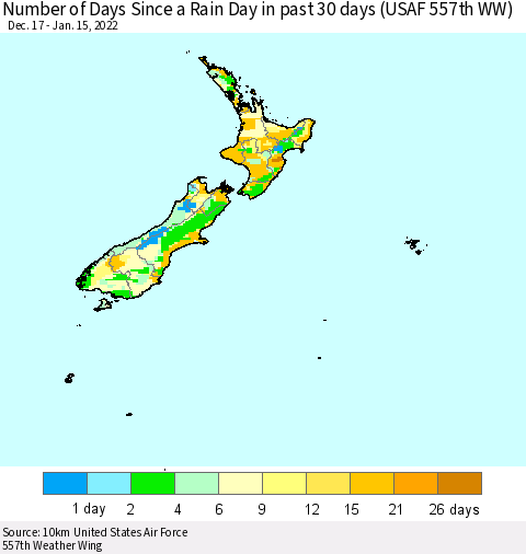 New Zealand Number of Days Since a Rain Day in past 30 days (USAF 557th WW) Thematic Map For 1/11/2022 - 1/15/2022