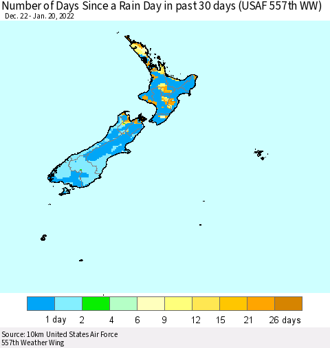 New Zealand Number of Days Since a Rain Day in past 30 days (USAF 557th WW) Thematic Map For 1/16/2022 - 1/20/2022
