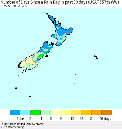 New Zealand Number of Days Since a Rain Day in past 30 days (USAF 557th WW) Thematic Map For 1/21/2022 - 1/25/2022