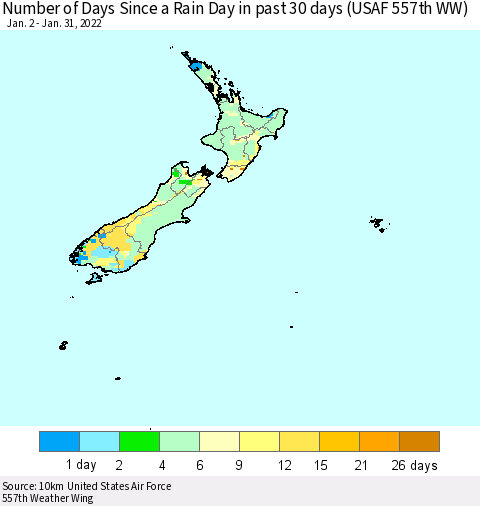 New Zealand Number of Days Since a Rain Day in past 30 days (USAF 557th WW) Thematic Map For 1/26/2022 - 1/31/2022