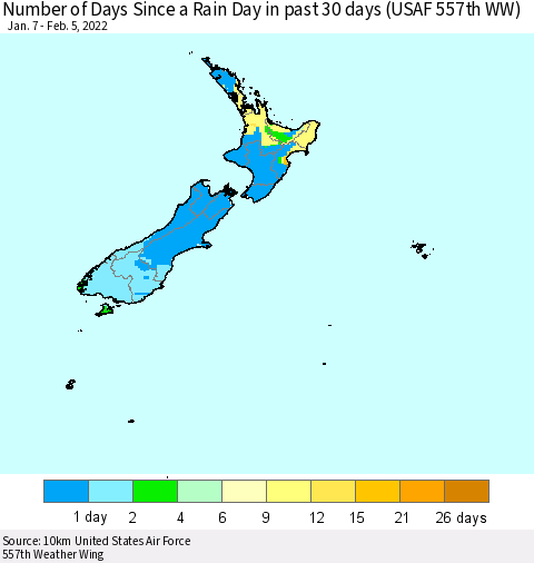 New Zealand Number of Days Since a Rain Day in past 30 days (USAF 557th WW) Thematic Map For 2/1/2022 - 2/5/2022