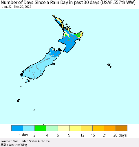 New Zealand Number of Days Since a Rain Day in past 30 days (USAF 557th WW) Thematic Map For 2/16/2022 - 2/20/2022