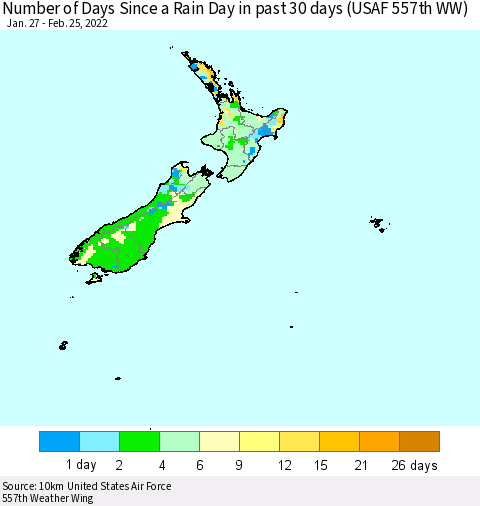 New Zealand Number of Days Since a Rain Day in past 30 days (USAF 557th WW) Thematic Map For 2/21/2022 - 2/25/2022