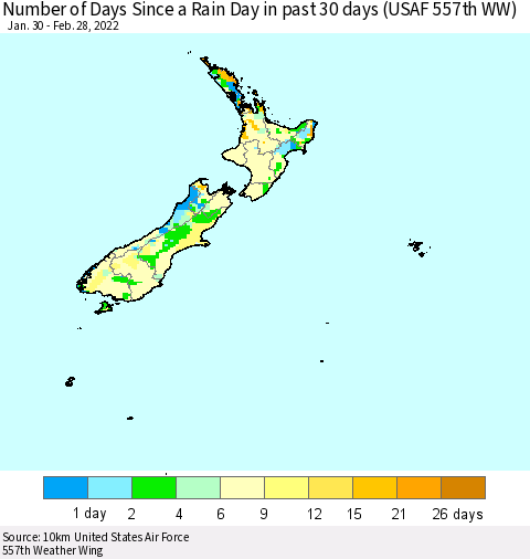New Zealand Number of Days Since a Rain Day in past 30 days (USAF 557th WW) Thematic Map For 2/26/2022 - 2/28/2022