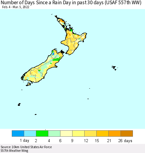 New Zealand Number of Days Since a Rain Day in past 30 days (USAF 557th WW) Thematic Map For 3/1/2022 - 3/5/2022