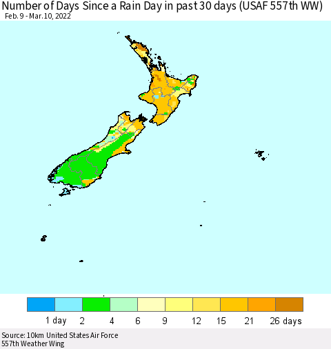 New Zealand Number of Days Since a Rain Day in past 30 days (USAF 557th WW) Thematic Map For 3/6/2022 - 3/10/2022