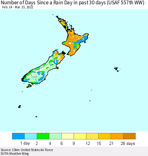 New Zealand Number of Days Since a Rain Day in past 30 days (USAF 557th WW) Thematic Map For 3/11/2022 - 3/15/2022