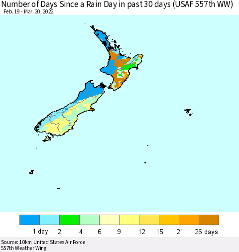 New Zealand Number of Days Since a Rain Day in past 30 days (USAF 557th WW) Thematic Map For 3/16/2022 - 3/20/2022