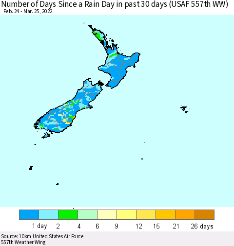 New Zealand Number of Days Since a Rain Day in past 30 days (USAF 557th WW) Thematic Map For 3/21/2022 - 3/25/2022