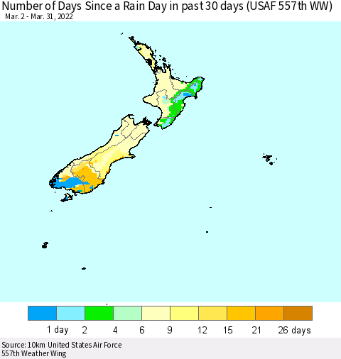 New Zealand Number of Days Since a Rain Day in past 30 days (USAF 557th WW) Thematic Map For 3/26/2022 - 3/31/2022