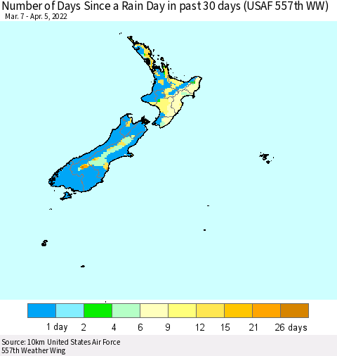 New Zealand Number of Days Since a Rain Day in past 30 days (USAF 557th WW) Thematic Map For 4/1/2022 - 4/5/2022