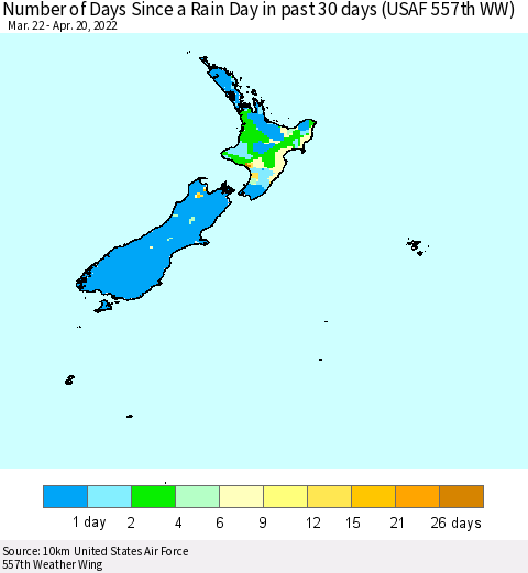 New Zealand Number of Days Since a Rain Day in past 30 days (USAF 557th WW) Thematic Map For 4/16/2022 - 4/20/2022