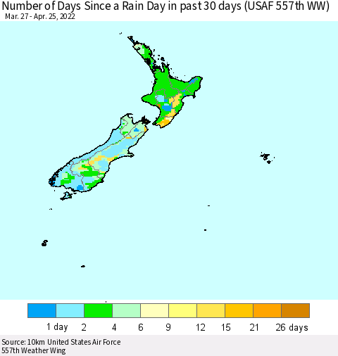 New Zealand Number of Days Since a Rain Day in past 30 days (USAF 557th WW) Thematic Map For 4/21/2022 - 4/25/2022