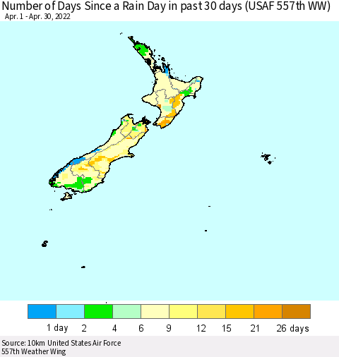 New Zealand Number of Days Since a Rain Day in past 30 days (USAF 557th WW) Thematic Map For 4/26/2022 - 4/30/2022