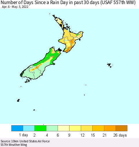 New Zealand Number of Days Since a Rain Day in past 30 days (USAF 557th WW) Thematic Map For 5/1/2022 - 5/5/2022