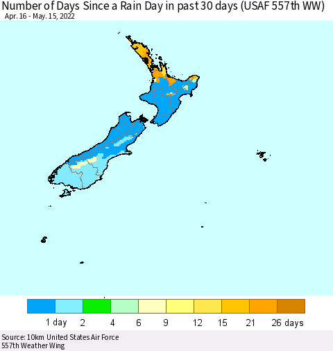 New Zealand Number of Days Since a Rain Day in past 30 days (USAF 557th WW) Thematic Map For 5/11/2022 - 5/15/2022
