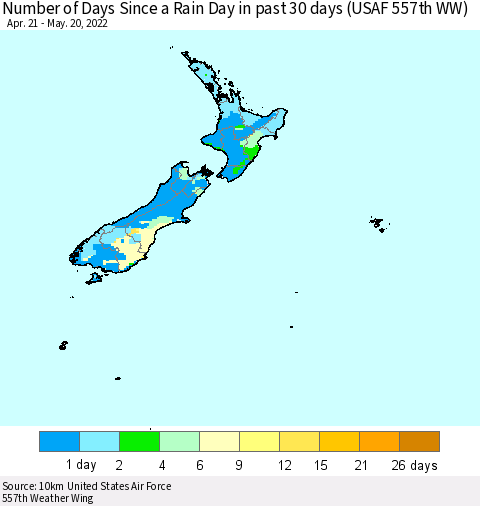New Zealand Number of Days Since a Rain Day in past 30 days (USAF 557th WW) Thematic Map For 5/16/2022 - 5/20/2022